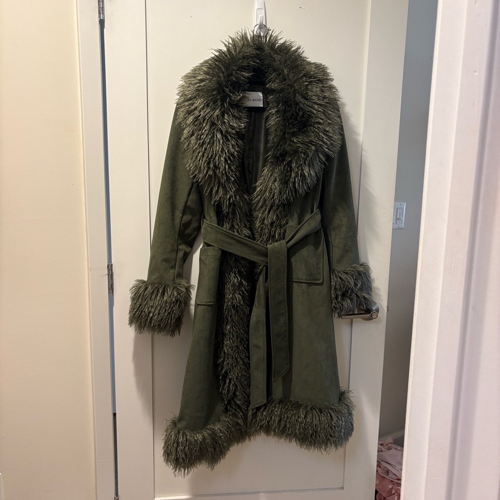 Azalea Wang Gilda Olive Faux Sherpa Collared Belted Trench a green Penny Lane